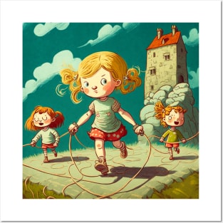 Cartoon image of young girls playing jump rope. Posters and Art